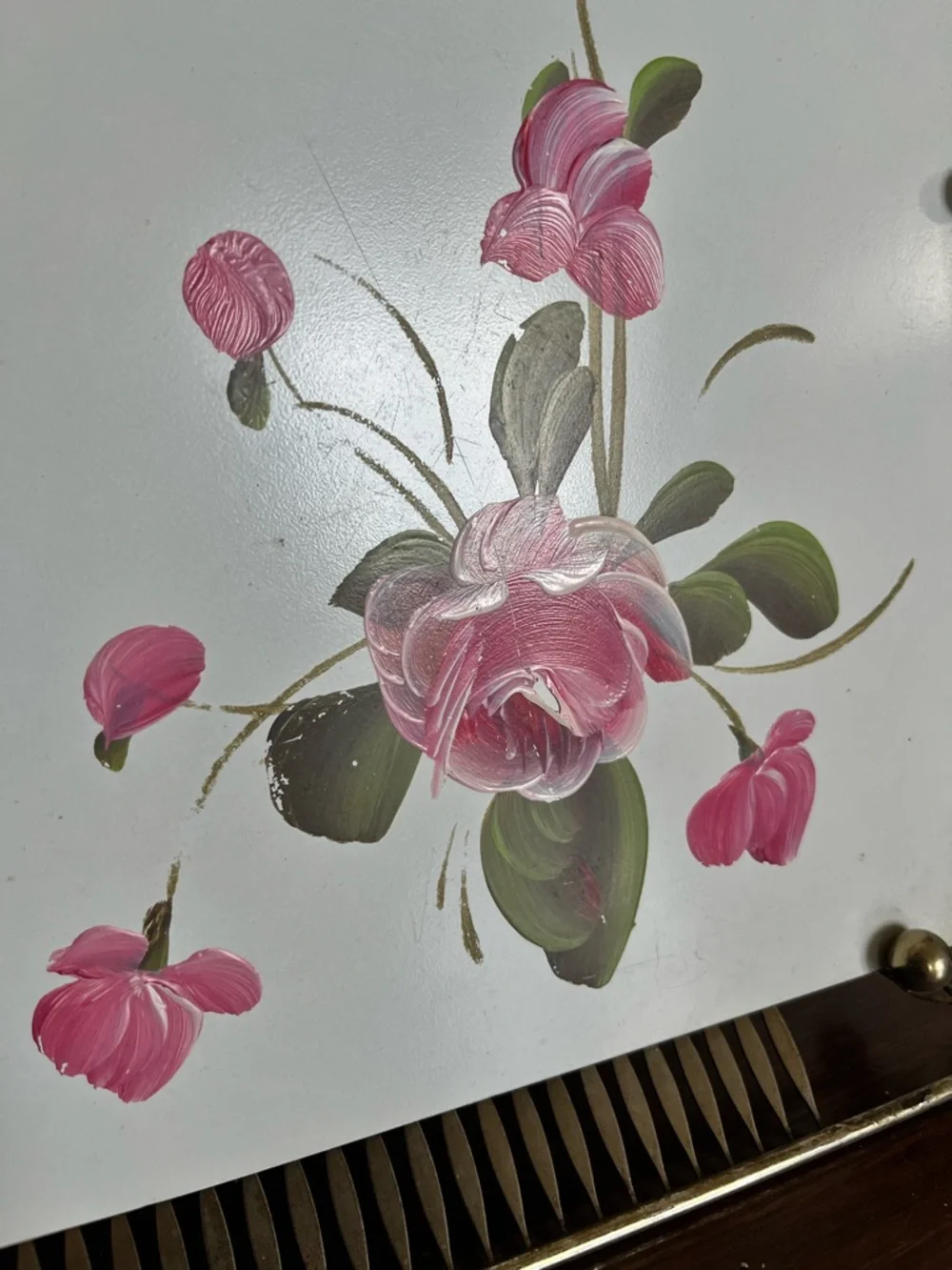 Decorative Pink Floral Wall Mirror with Metal Leaf Frame